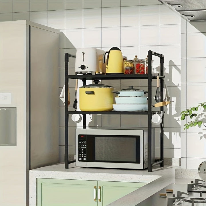 Un estante de almacenamiento de cocina con asas, ideal para hornos microondas y tostadores, incluye ganchos laterales para toallas, resistente y duradero, perfecto para uso doméstico.