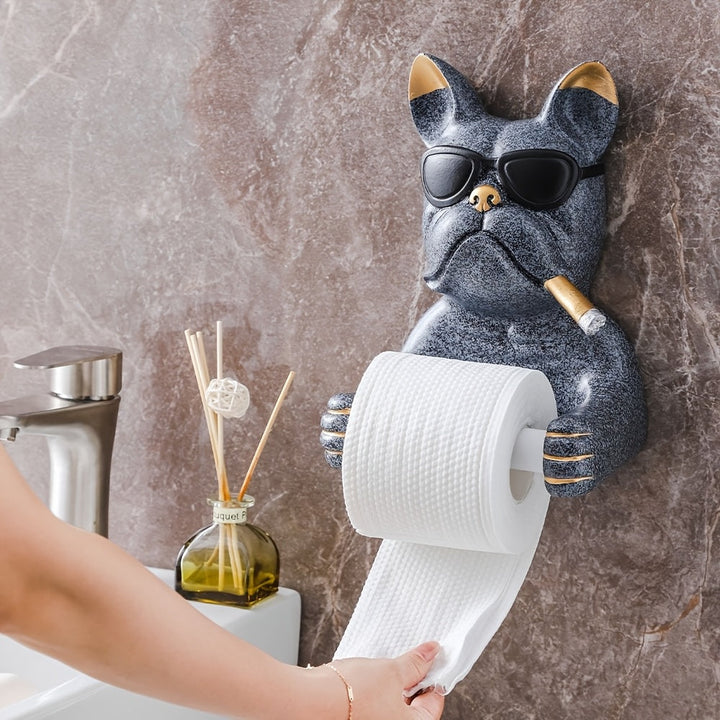 1pz/Porta Papel Higiénico con Forma de Cabeza de Perro Bulldog Lindo y Gafas de Moda, Estante para Toallas Montado en la Pared, Accesorios de Baño, Colgante Creativo sin Taladro para Cocina y Baño