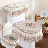 Juego de tres piezas de alfombra para inodoro estilo europeo con encaje, cubierta de inodoro doméstica, funda de inodoro con cremallera para las cuatro estaciones, cojín de inodoro universal