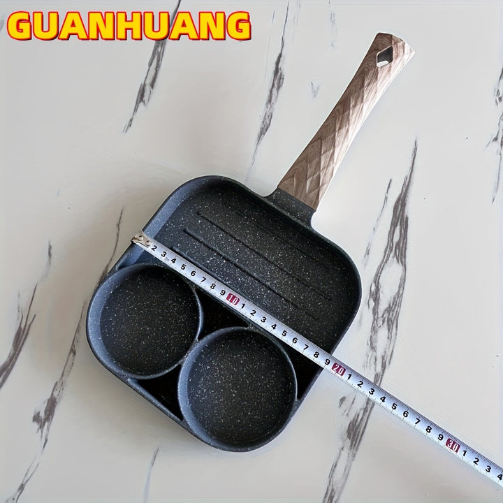 Sartén de Huevos y Tortillas Antiadherente de Aleación de Aluminio GUANHUANG con Mango de Madera, Cocina para Desayuno con 4 Compartimentos para Estufa de Gas e Inducción, Ideal para Huevos, Salchichas y Más