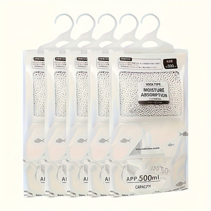 5-Unidad Paquete Grande Bolsas de Absorción de Humedad de 500ml para Ropa - Sin Electricidad, Sin Requerimiento de Energía, Alta Capacidad para Armario y Deshumidificación en el Hogar, Blanco con Acentos Azules, Absorción de Humedad|Diseño Transparente|V