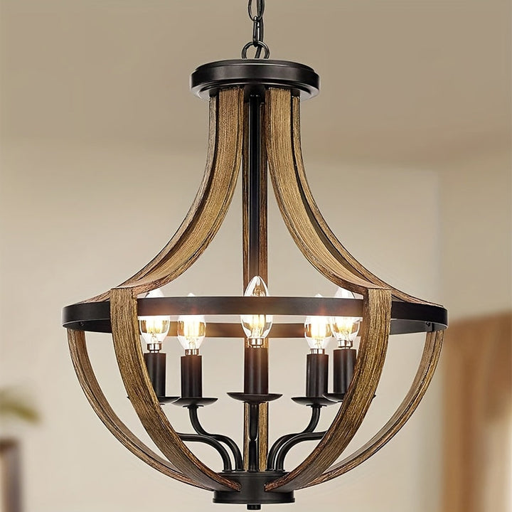 Lámpara colgante geométrica moderna para granja, 5 brazos de altura ajustable, montaje semi-inclinado, diseño de hierro negro y madera, colgante desmontable para comedor, vestíbulo, isla de cocina - No incluye bombilla, luces de techo para dormitorio