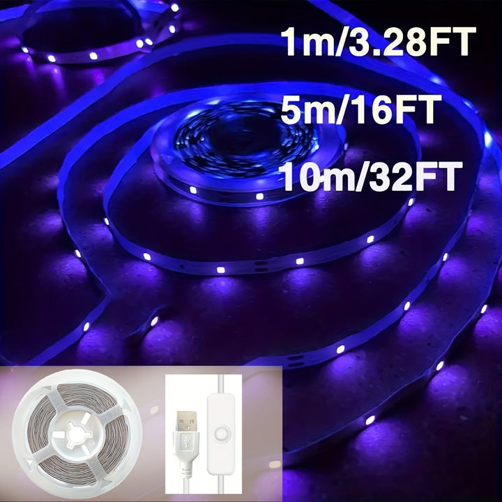 Tiras de luces LED moradas, alimentadas por USB, 5V, iluminación de decoración flexible, sin necesidad de batería, para fiestas, Halloween, Navidad, paredes fluorescentes, iluminación de armarios, opciones de 3ft/16ft/32ft