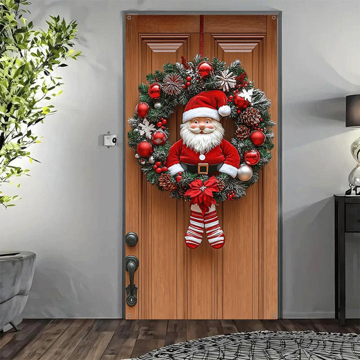 Decoraciones de Navidad - Elegantes cortinas de puerta de Navidad con corona de Papá Noel, decoraciones festivas para porche, material de poliéster, estilo contemporáneo, lavables a máquina, adecuadas para varios tipos de habitaciones.
