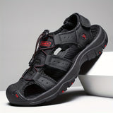 Sandalias de verano para hombre - Suela de goma ligera, antideslizante y duradera, parte superior de cuero auténtico transpirable, correas ajustables con gancho y bucle, zapatos de senderismo casuales para comodidad en todas las estaciones, sandalias de