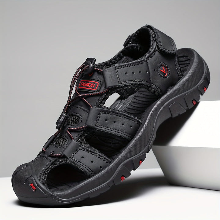 Sandalias de verano para hombre - Suela de goma ligera, antideslizante y duradera, parte superior de cuero auténtico transpirable, correas ajustables con gancho y bucle, zapatos de senderismo casuales para comodidad en todas las estaciones, sandalias de