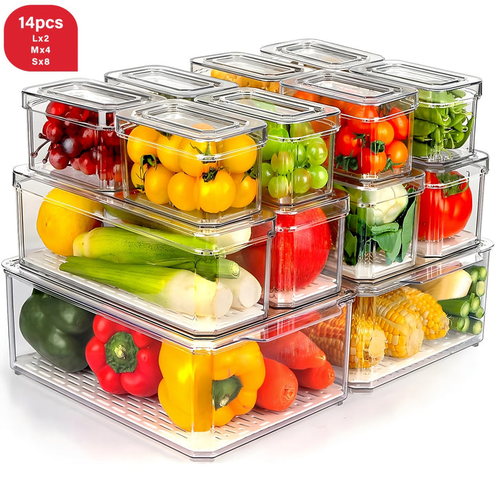 THELIFE 28/14 piezas, Organizador de refrigerador (14/7 contenedor + 7 tapa) Perfecto para almacenamiento y organización de alimentos en la cocina de RV, Seguro para lavavajillas, Negro, Esencial para la organización de la cocina!