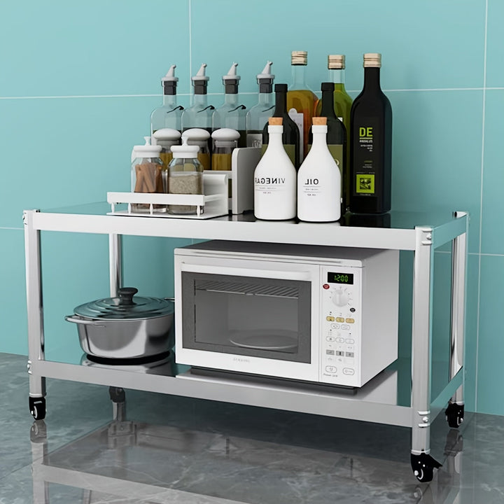 Carro de Cocina Rodante de Acero Inoxidable de 2 Niveles con Estantes de Almacenamiento y Ruedas - Organizador Portátil para Hogar, Camping y Uso Exterior, Mesa de Cocina al Aire Libre | Carrito de Cocina Moderno | Mueble de Cocina Duradero, Carrito de C