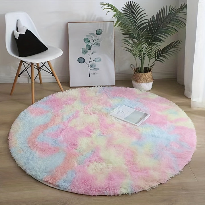1pc Alfombra Redonda Tie-Dye Shaggy, 3cm de Grosor, Suave y Amigable con la Piel, de Fibra de Poliéster para Sala de Estar y Dormitorio, Solo Lavado a Mano, Alfombra Interior