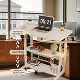 Escritorio y estantería de computadora de doble asiento, MDF con marco de acero, con ruedas univer, acabado blanco y madera - Ideal para trabajo en oficina en dormitorios y salas de estar, almacenamiento de computadora