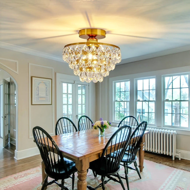 1 Moderno E26 Pequeño Cristal de Candelabro Semi Empotrado Luz de Techo, Adecuado para Luces de Techo de Granja, Pasillos, Dormitorios, Baños, Armarios, Dormitorios, Vestíbulos y Otras Luces de Techo Doradas