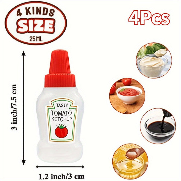 Juego de 4 Botellas Compactas para Condimentos - A prueba de Fugas, Recipientes de Plástico Reutilizables para Ketchup, Mostaza, Mayonesa y Aderezo para Ensaladas, 21g - Ideales para Loncheras, Picnics y Comidas al Día, Botellas de Ketchup y Mostaza