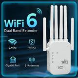 Amplificador de WiFi, Refuerzo de Señal WiFi, Extensor sin varillas WiFi, 300Mbps Doble Banda 2.4GHz, Cobertura Fuerte para 58 Dispositivos con 4 Modos y Configuración 1-TAP, 360° Cobertura Completa con 6 Antenas, Compatible con Puerto Ethernet Ideal par