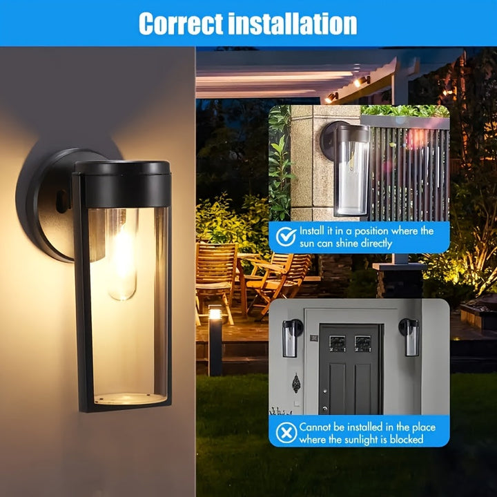 2 luces de pared solares para exteriores con bombillas de filamento de wolframio - Diseño moderno y elegante en negro, sensor automático para jardín, césped, patio, garaje y puerta principal, iluminación decorativa, luces solares para exteriores, ilumina