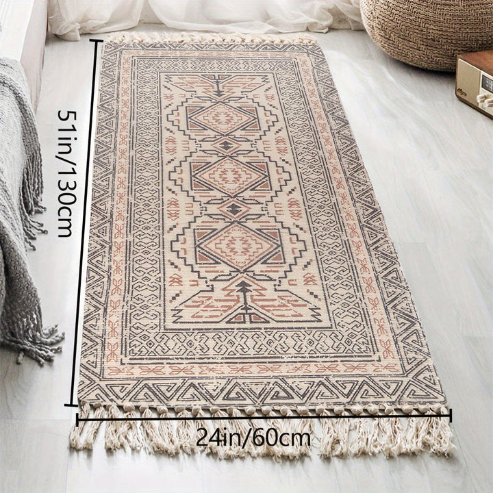 1 pieza de alfombra de estilo nórdico étnico tejida a mano con borlas - Patrón geométrico en rojo, azul, blanco y beige, tejido de poliéster lavable para decoración de sala de estar, dormitorio o oficina en casa, alfombras para sala de estar.