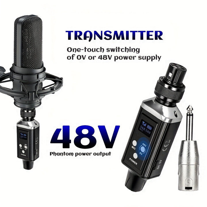 Microfono sin varillas profesional UHF, sistema de micrófonos recargable USB, con ganancia de audio incorporada, calidad de sonido HD sin pérdidas, función de cambio 48/0V en un solo botón, compatible con micrófonos dinámicos y condensadores