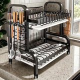 Organizador de cocina de acero inoxidable con sistema de drenaje - Rack multifuncional para platos, tazones y cubiertos - Duradero para servicio de alimentos
