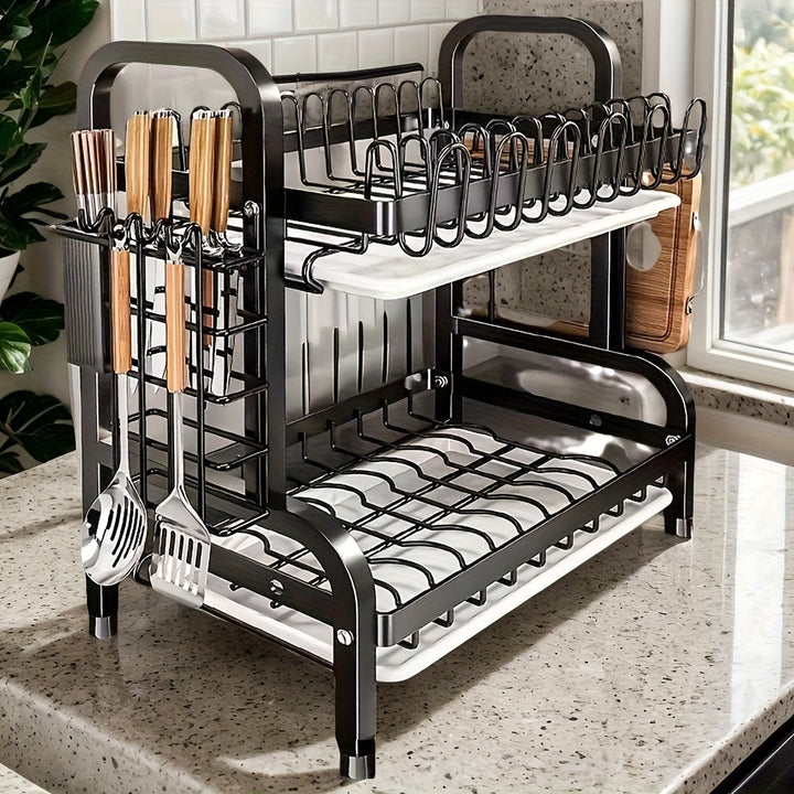 Organizador de cocina de acero inoxidable con sistema de drenaje - Rack multifuncional para platos, tazones y cubiertos - Duradero para servicio de alimentos