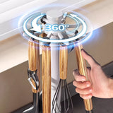 Un estante de almacenamiento de cocina sin necesidad de taladrar, con un gancho y barra giratorios para organizar utensilios como espátulas y cucharas, perfecto para escurrir.