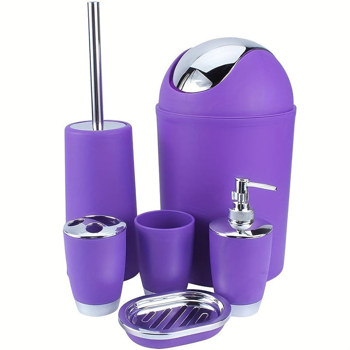 Juego de artículos de tocador de baño de hotel, juego de cinco piezas, dispensador de jabón de mano creativo de plástico, caja de jabón, soporte para cepillo de dientes, taza para la boca, cubo de basura de plástico, con cepillo de inodoro y asiento.