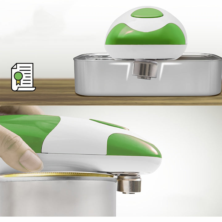Abrelatas Eléctrico Automático FEIYBA - Operación con un Toque, Seguridad Sin Manos, Diseño Ergonómico Verde y Blanco, Alimentado por Baterías (4 AA No Incluidas) para Uso Fácil en la Cocina, Herramienta Moderna, Acabado Suave en el Mango