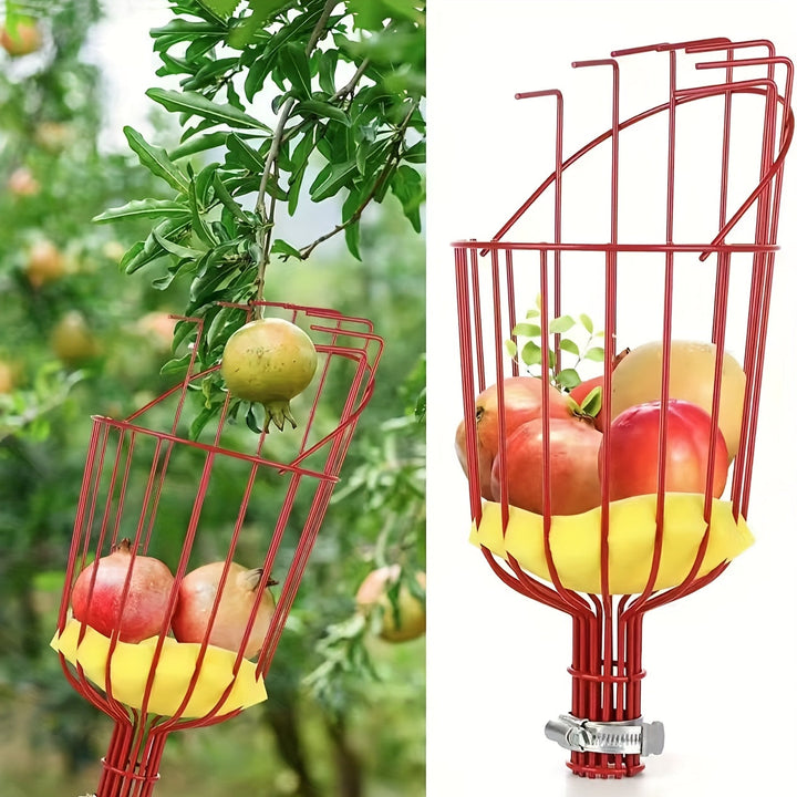 Recogedor de Frutas Metálico Rojo con Pinza Ajustable y Cesta de Tela Amarilla - Cosecha Fácil para Manzanas, Melocotones y Más, Accesorio de Jardín | Diseño Ajustable | Construcción Metálica