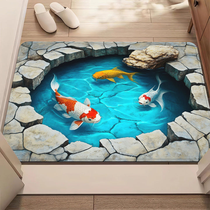 Alfombra de Entrada 2D Ilusión Estanque de Koi - Diseño Vibrante con Peces Koi y Plantas Acuáticas, Antideslizante Lavable a Máquina en Poliéster, Decoración para Baño, Dormitorio o Sala, Accesorios Serenos para Suelo, Plano 2D