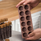 Juego de 6/12 Contenedores Multifuncionales, Frascos de Vidrio con Tapas ABS y Bases de Nogal para Café, Semillas, Miel, Especias y Aceites Esenciales - Incluye Soporte Decorativo, Ideal para Cafeterías y Cocina