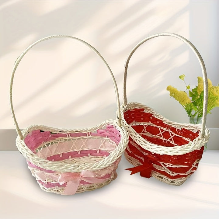 1 Mini Cesta Tejida en Forma de Corazón - Decoración y Almacenamiento Lindo y Práctico para el Hogar, Diseño Encantador de Ratán para Joyas, Llaves y Objetos Pequeños, Perfecta para San Valentín, Bodas, etc., Ambiente Festivo