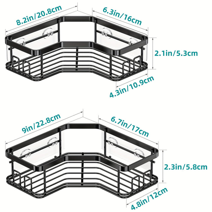 2pcs Estantes de Esquina de Hierro Fundido Lacado en Negro, Organizador de Baño Montado en la Pared con Ganchos, Cestas de Almacenamiento de Acero Inoxidable para Accesorios de Baño, Organizadores y Almacenamiento de Baño