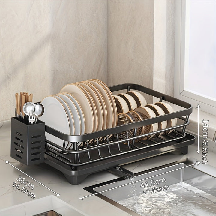 Escurridor de Platos de Una Capa para Encimera, con Tubo de Drenaje Giratorio 360° y Almacenamiento de Utensilios, Ideal para Organización en Cocinas de Solteros o Parejas