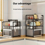 Un estante de almacenamiento de cocina con asas, ideal para hornos microondas y tostadores, incluye ganchos laterales para toallas, resistente y duradero, perfecto para uso doméstico.