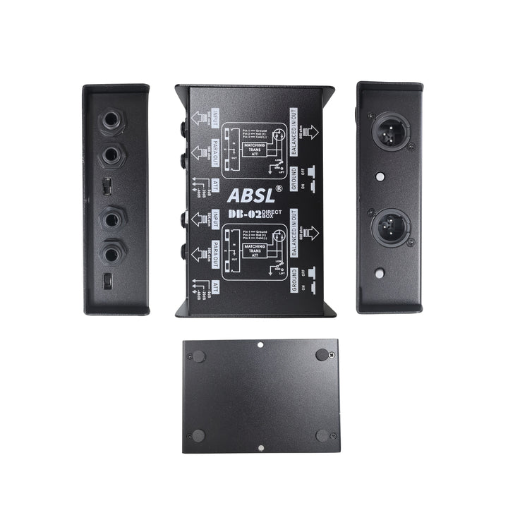 DI Box Profesional de Doble Canal Pasivo (DB-02) - Direct Box Resistente con Elevación de Tierra y Interruptor de Respuesta de Frecuencia, Entradas/Salidas Dobles para Instrumentos, Conector XLR - Para Grabaciones en Vivo, Estudio o Casa - Construcción T