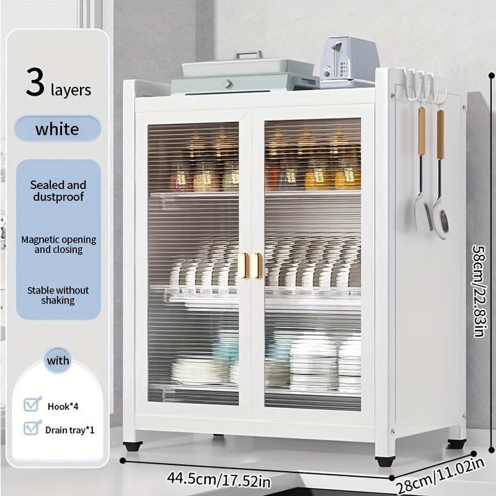 Gabinete de cocina metálico para platos con 4 ganchos, escurridor de doble puerta multifuncional resistente al polvo con bandeja de goteo, almacenamiento portátil para secar platos y ahorrar espacio, organización de cocina - Blanco