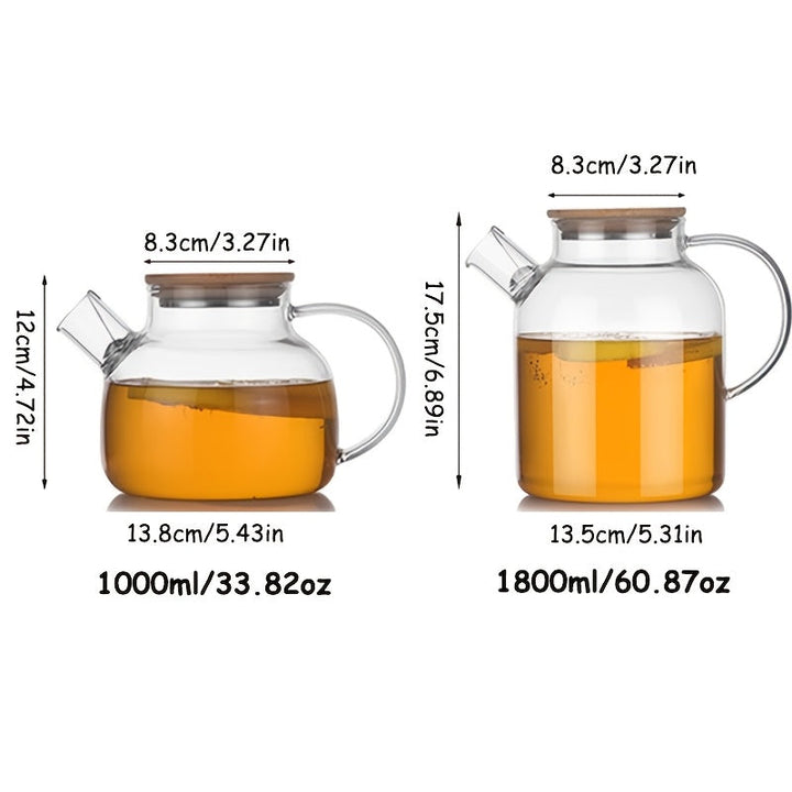 Tetera de vidrio borosilicato con tapa de bambú, 1000ml/1800ml, resistente al calor, jarra de agua de vidrio transparente, pico con filtro removible, apta para estufa y microondas, ideal para té de hojas sueltas y jugo de frutas, regalo perfecto para día