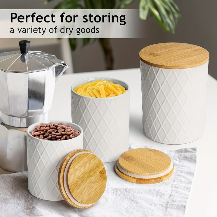 Juego de 4 frascos de encimera, juego de frascos de cocina de cerámica con tapas de madera herméticas - Perfecto para café, té, azúcar, harina, hojas de té, sal y más