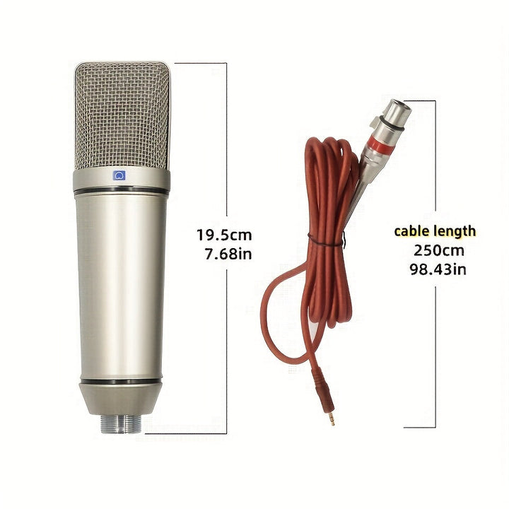 Microfono Condensador U87 XLR, Micrófono Profesional Cardioide para Grabación, Podcasting, Doblaje y Transmisión en Vivo – Incluye Fuente de Alimentación DC, Soporte y Cable de 250 cm / 98.43 Pulgadas