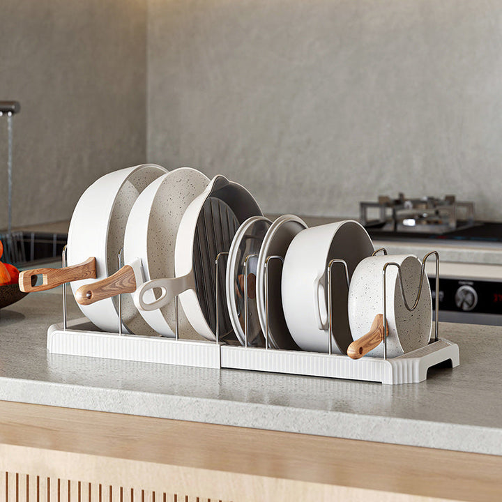 Soporte de Ollas Retráctil de Acero Inoxidable con 6 Compartimentos Ajustables - Estante Flexible para Cocina para Ollas, Tapas y Utensilios - Ideal para Cocinas Caseras, Cafeterías, Restaurantes y Bares