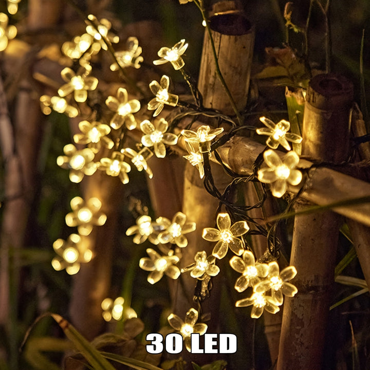 Lámpara solar decorativa para exteriores con luces de cerezo, 1 cuerda, material plástico, temática floral, regulable, control con botón, 8 modos de iluminación, panel solar en marco metálico, iluminación para jardín | Luz elegante | Duradera, luces sola
