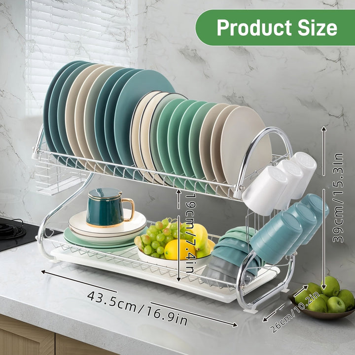 Estante de platos de acero inoxidable en forma de S de dos niveles - Organizador de cocina de encimera que ahorra espacio para platos y tazones, fácil de ensamblar, estructura de hierro duradera, solución de almacenamiento de cocina | Estante metálico el