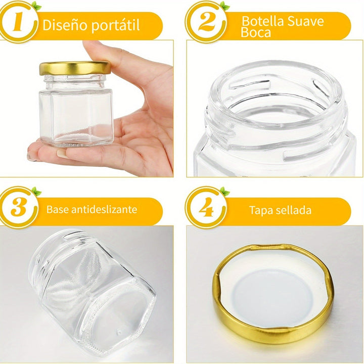 32pcs Mini Tarros de Vidrio Hexagonales con Tapas Metálicas de Rosca, Contenedores Herméticos de 1.5oz para Miel, Mermelada, Especias, Recuerdos de Boda, Manualidades DIY - Grado Alimenticio, No Necesita Electricidad