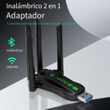 Adaptador USB inalámbrico 2 en 1 WILLONACK, WiFi de doble banda 4.2+2.4G, alcance de 1300M, tarjeta de red inalámbrica, transferencia de datos de alta velocidad, plug & play, compatible con teclado, mouse, bocinas - Negro