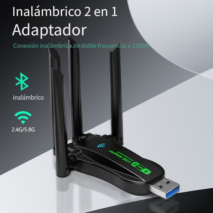 Adaptador USB inalámbrico 2 en 1 WILLONACK, WiFi de doble banda 4.2+2.4G, alcance de 1300M, tarjeta de red inalámbrica, transferencia de datos de alta velocidad, plug & play, compatible con teclado, mouse, bocinas - Negro