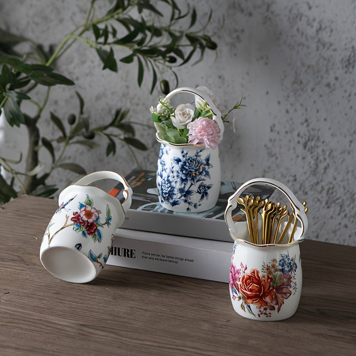 Tarros de almacenamiento de cubiertos de cerámica de estilo europeo-americano, diseño floral decorativo, altos recipientes de cocina de porcelana de hueso, con ribete dorado, para cubiertos, cucharas y organizador de palillos