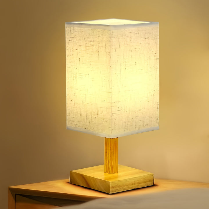 Lámpara cuadrada de base de madera moderna con pantalla de tela - Alimentada por USB, brillo ajustable, patrón geométrico, perfecta para el hogar, bar, hostal y restaurante, lámpara de mesa.