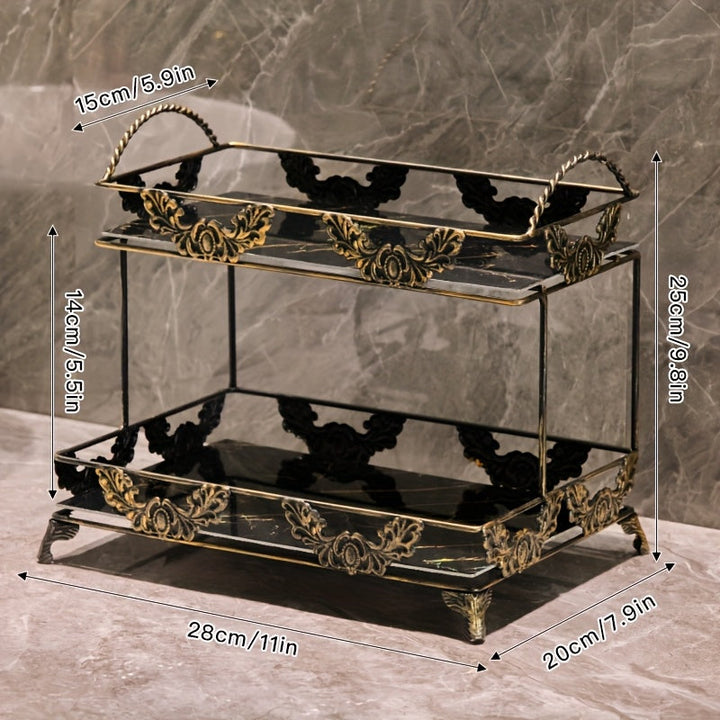 Estantería Organizadora de Baño Metálica de 3 Niveles para Cosméticos, Perfumes y Cuidado de la Piel - Estante de Almacenamiento Multicapa de Hierro Negro con Borde Floral Dorado Decorativo, Ideal para Tocador o Habitación Universitaria