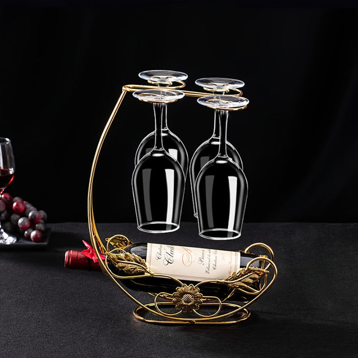 Estante de copas de vino de hierro contemporáneo - Soporte vertical para botellas de metal, soporte para copas de mesa, exhibición de copas de vino al revés, capacidad para 1 botella y 4 copas, no requiere ensamblaje