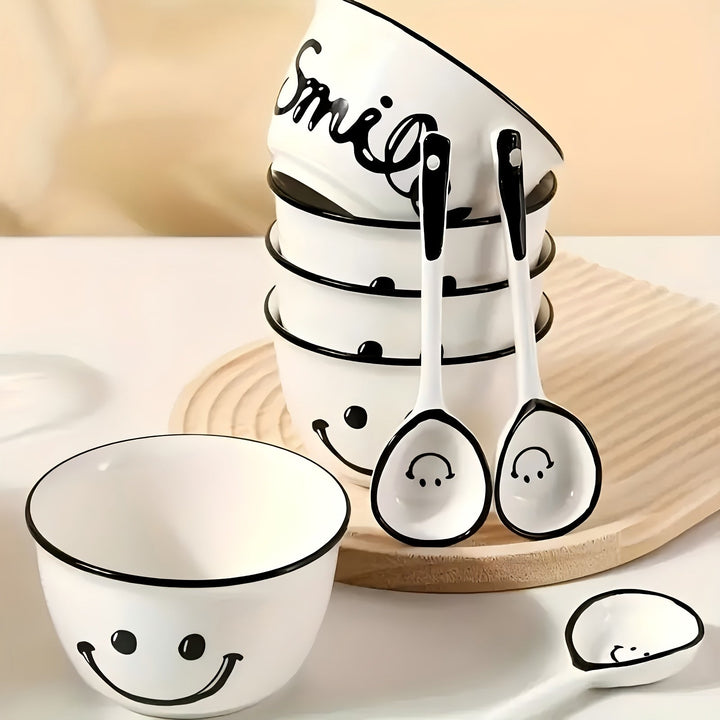 Juego de 4 o 6 tazones de arroz de cerámica con caritas sonrientes y cucharas, diseño divertido en blanco y negro, apto para microondas, ideal para desayunos o snacks, set de desayuno|Diseño juguetón|Tazón para microondas