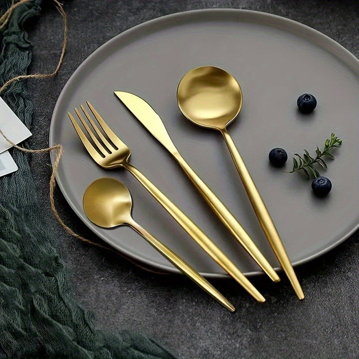 Juego de 16 piezas de cuchillos, tenedores, cucharas y cucharitas de té de acero inoxidable. Pulidos con revestimiento dorado de titanio, aptos para lavavajillas