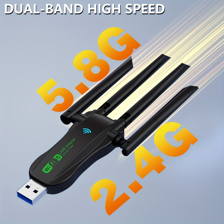 Adaptador Wi-Fi USB de Doble Banda Vszapower con 4 Antenas Ajustables, Velocidad de 1300Mbps, Baja Latencia, Frecuencias 2.4G/5.8G, Portátil Plug & Play para Hogar, Oficina, Estudio, Hotel, Uso en Apartamentos, Vszapower